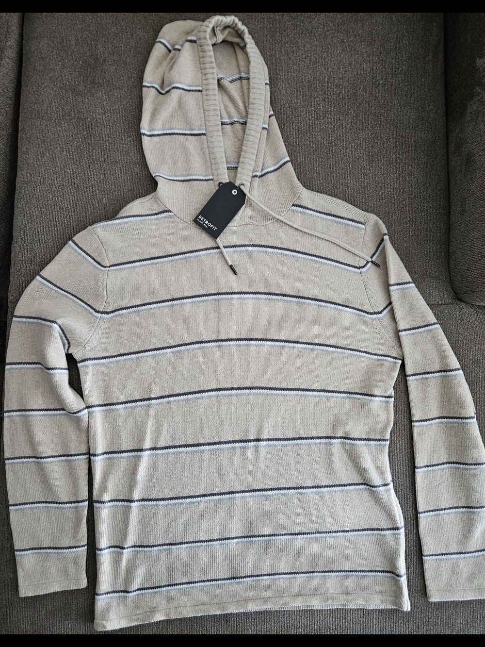Retrofit Beige Hooded Sweater with Navy and White Stripes